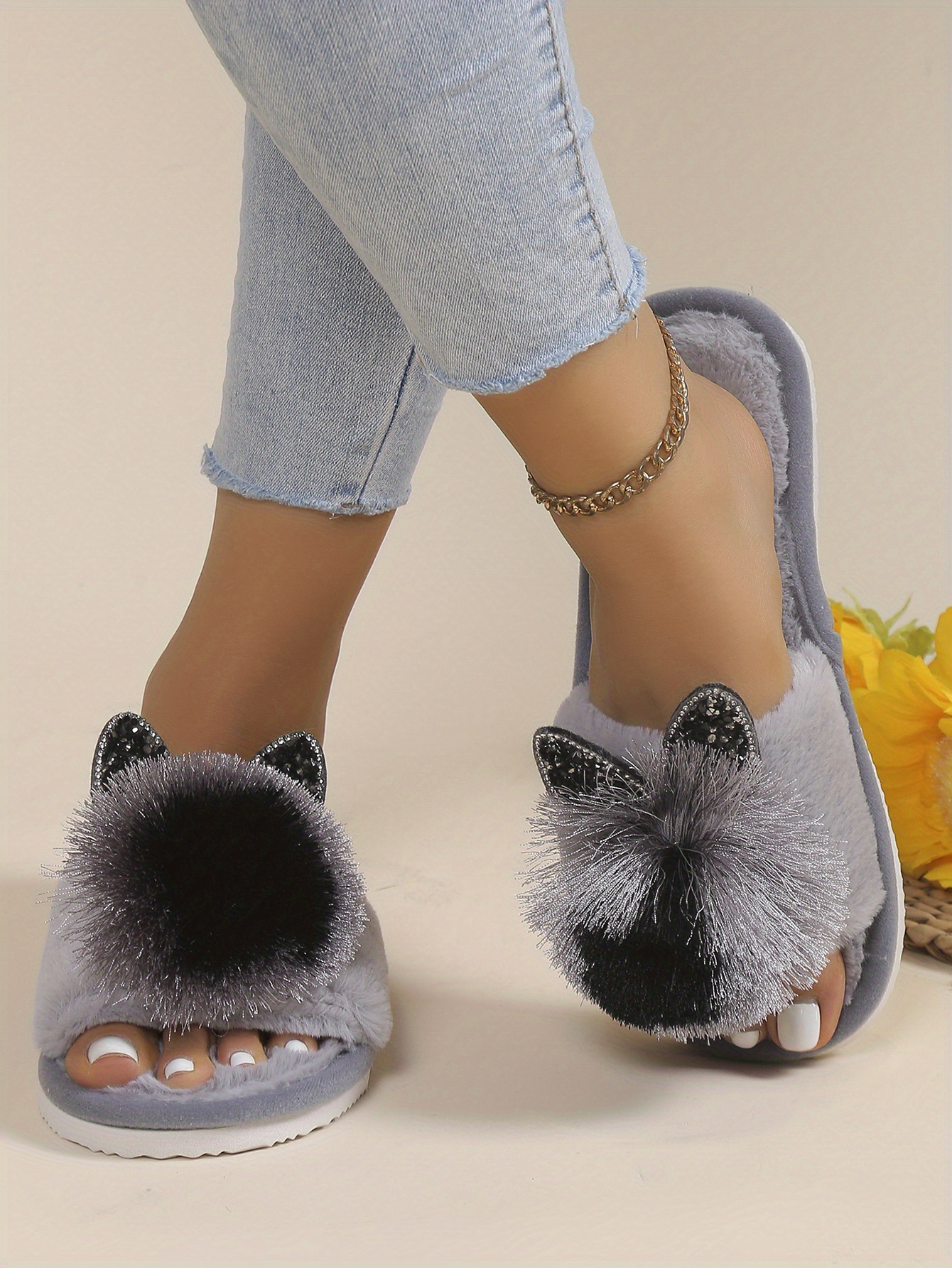 cute pom pom cat house slippers cozy open toe plush flat floor shoes winter warm home fuzzy slippers details 4