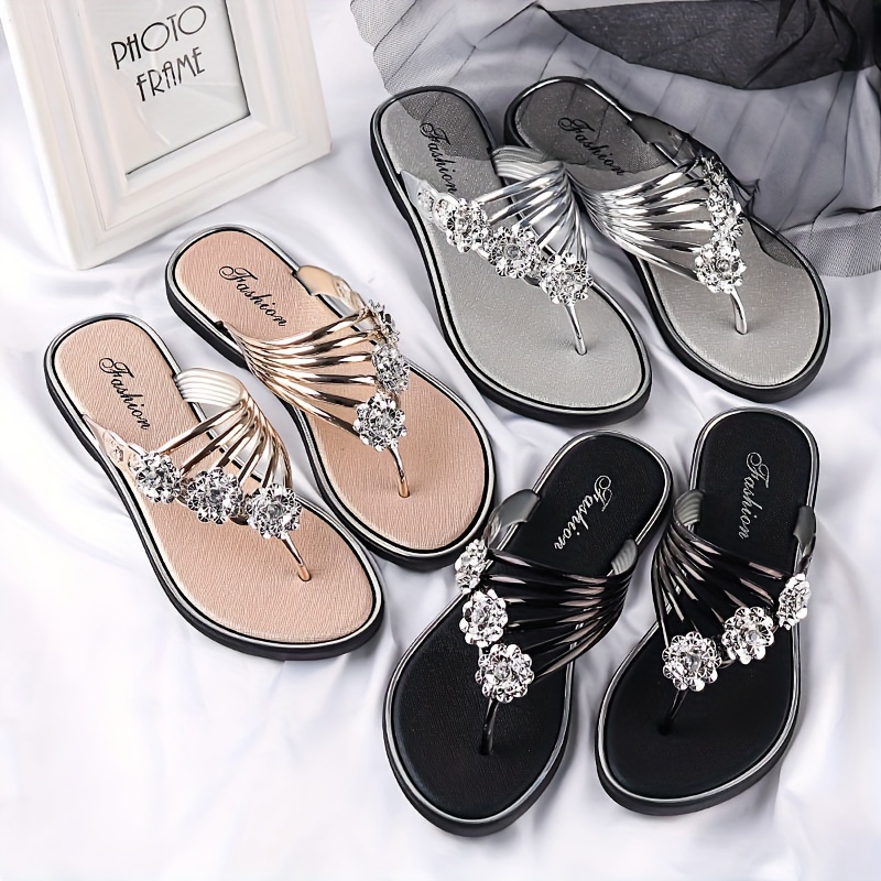 womens flower rhinestone flip flops fashion summer flat slide shoes outdoor beach slides details 1