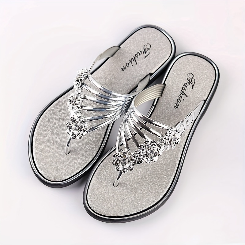 womens flower rhinestone flip flops fashion summer flat slide shoes outdoor beach slides details 5