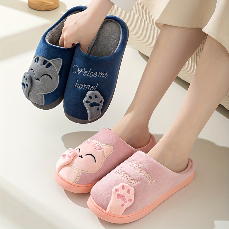 cute cat cartoon plush slippers cozy closed toe flat fuzzy indoor shoes winter warm bedroom floor slippers details 0