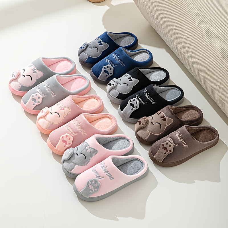 cute cat cartoon plush slippers cozy closed toe flat fuzzy indoor shoes winter warm bedroom floor slippers details 1