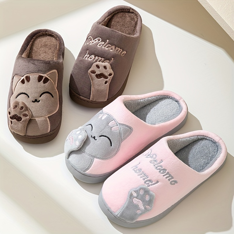 cute cat cartoon plush slippers cozy closed toe flat fuzzy indoor shoes winter warm bedroom floor slippers details 3